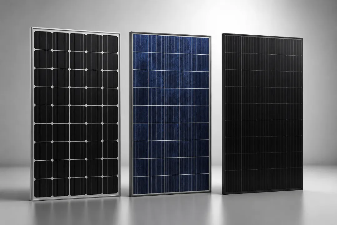 Imagen de los 3 tipos de paneles solares que maneja Compu Redes para su venta